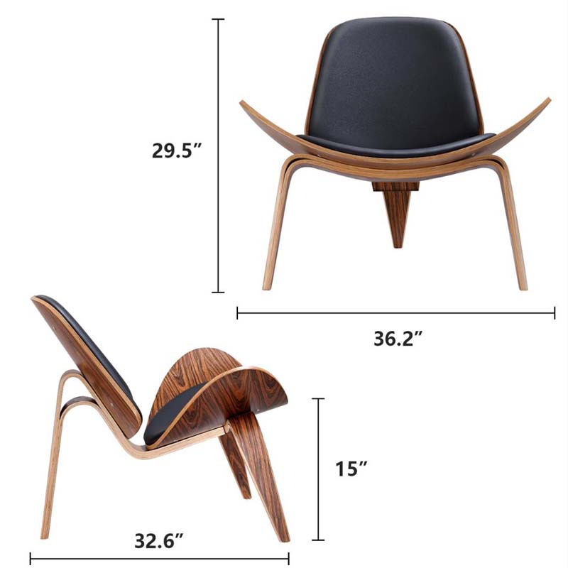 Furgle Free Shipping Shell Chair Black rosewood Hans Wegner Style Real Leather Cushion Lounge Chair Tripod Plywood Lounge Chair