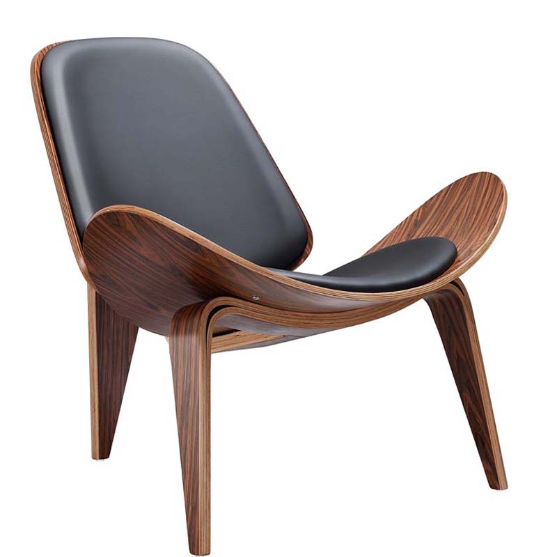 Furgle Free Shipping Shell Chair Black rosewood Hans Wegner Style Real Leather Cushion Lounge Chair Tripod Plywood Lounge Chair